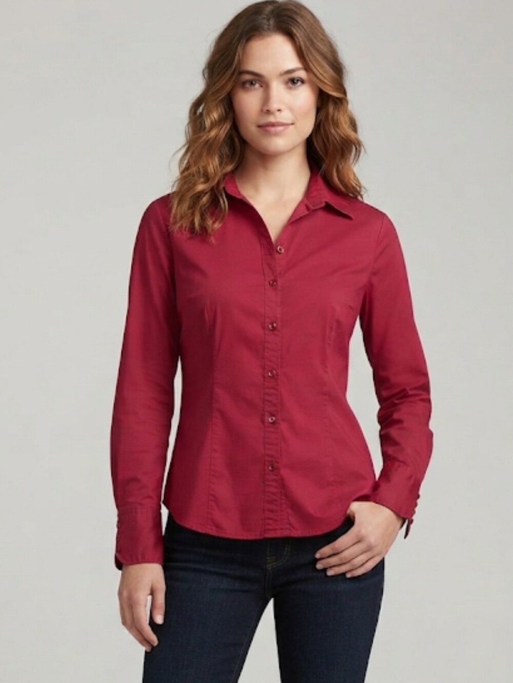 Merona Tailored Long Sleeve Button Down Shirt With Stretch Deep Red - Size Large